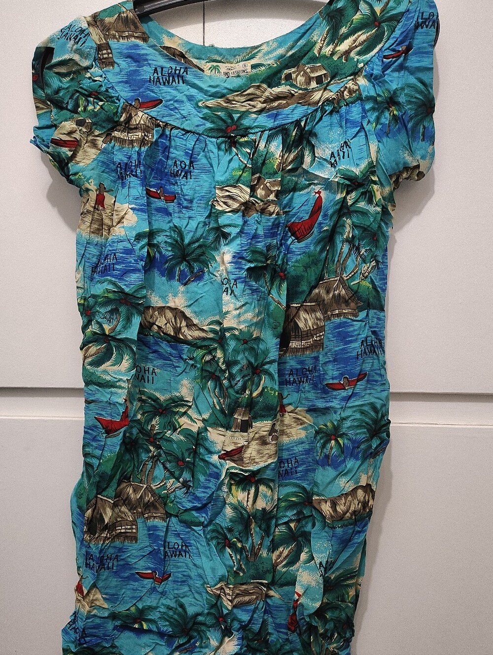 Vtg 60s Island Fashions Hawaii Rayon Dress Muumuu Blue Scenic Beach Cover Sz S